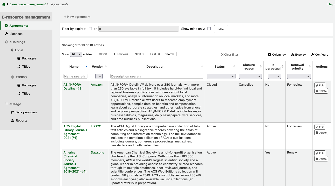 Agreements page in the E-Resource management module, showing a table of existing agreements.