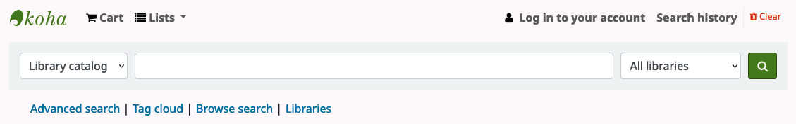 Opac search bar and "More searches" area, with "Browse search" one of the links displayed alongside "Advanced search", "Tag cloud" and "Libraries".