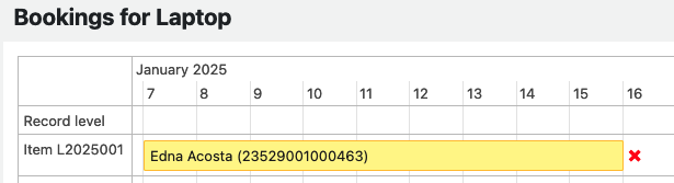 A booking's placeholder on the calendar view is highlighted in yellow, with a red cross icon to the side of it.