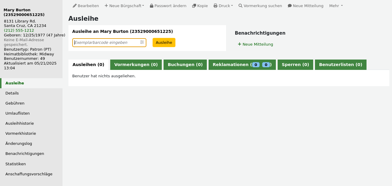 Registerkarte „Ausleihe“ einer Benutzerdatei, aktuelle Ausleihen werden ausgeblendet