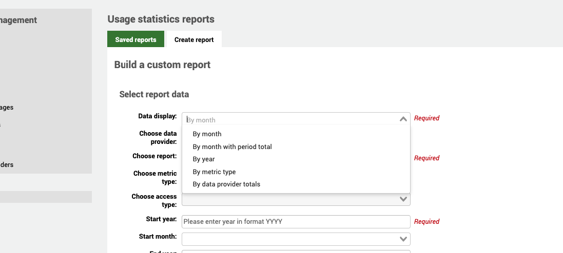 Im Formular „Bericht erstellen“ verfügt das Feld „Datenanzeige“ über ein Dropdown-Menü mit den Optionen: nach Monat, nach Monat mit Gesamtsumme, nach Jahr, nach Kennzahl, nach Datenanbieter-Summen.