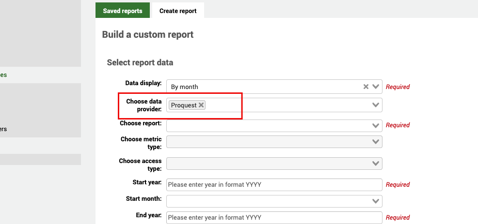 Im Formular „Bericht erstellen“ ist das Feld „Bereitgestellte Daten auswählen“ hervorgehoben. Der Anbieter Proquest ist bereits ausgewählt.