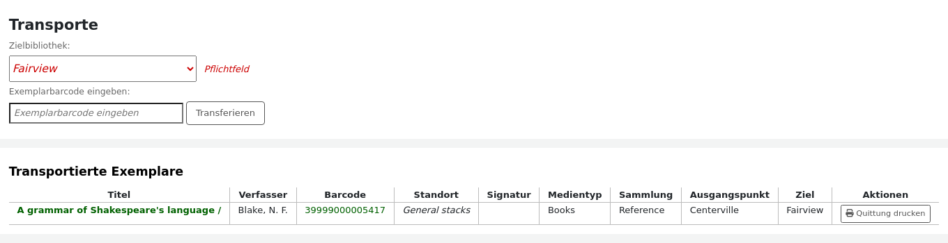 Formular zur Transfer eines Exemplars an eine andere Bibliothek, gefolgt von einer Tabelle mit den übertragenen Exemplaren
