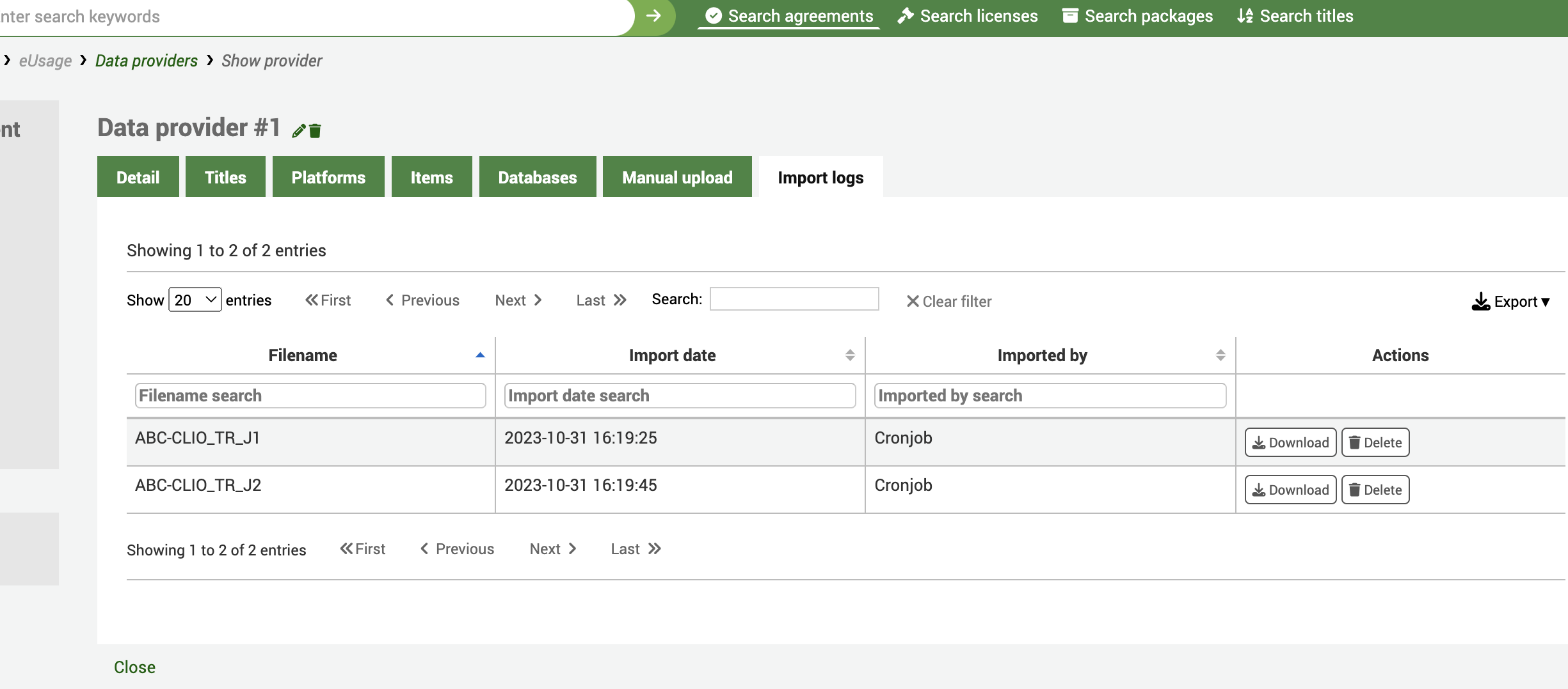 Ansicht der Registerkarte „Import-Logs“ eines Datenanbieters. Die Tabelle enthält Informationen über den Namen der importierten Datei, das Importdatum und die Art des Imports (z.B. per Cronjob).