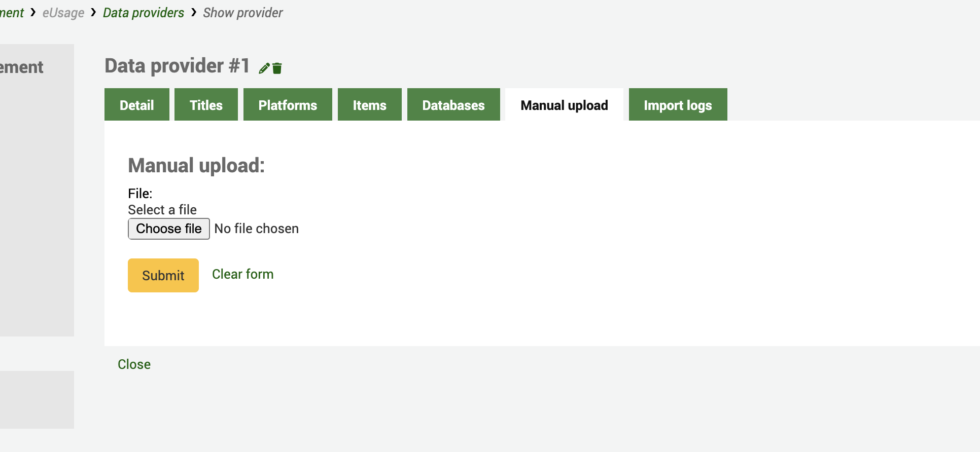 Ansicht der Registerkarte „Manueller Upload“ eines Datenanbieters. Es gibt eine Schaltfläche, um eine Datei zum Hochladen auszuwählen.