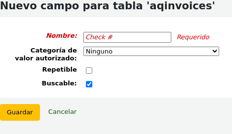 Add field form, filled with Check # as the Name, and Searchable is checked