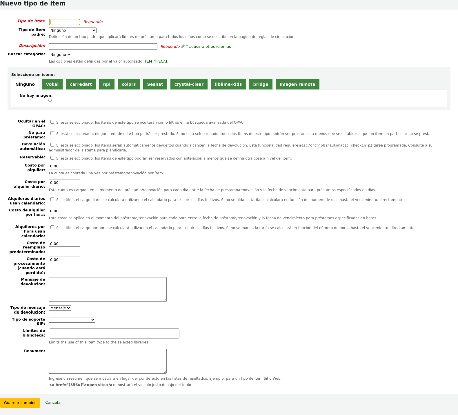 Add new item type form