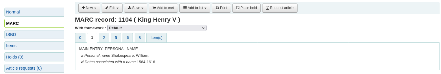 The MARC view of a record in the staff interface, the MARC field numbers and indicator values are not displayed.
