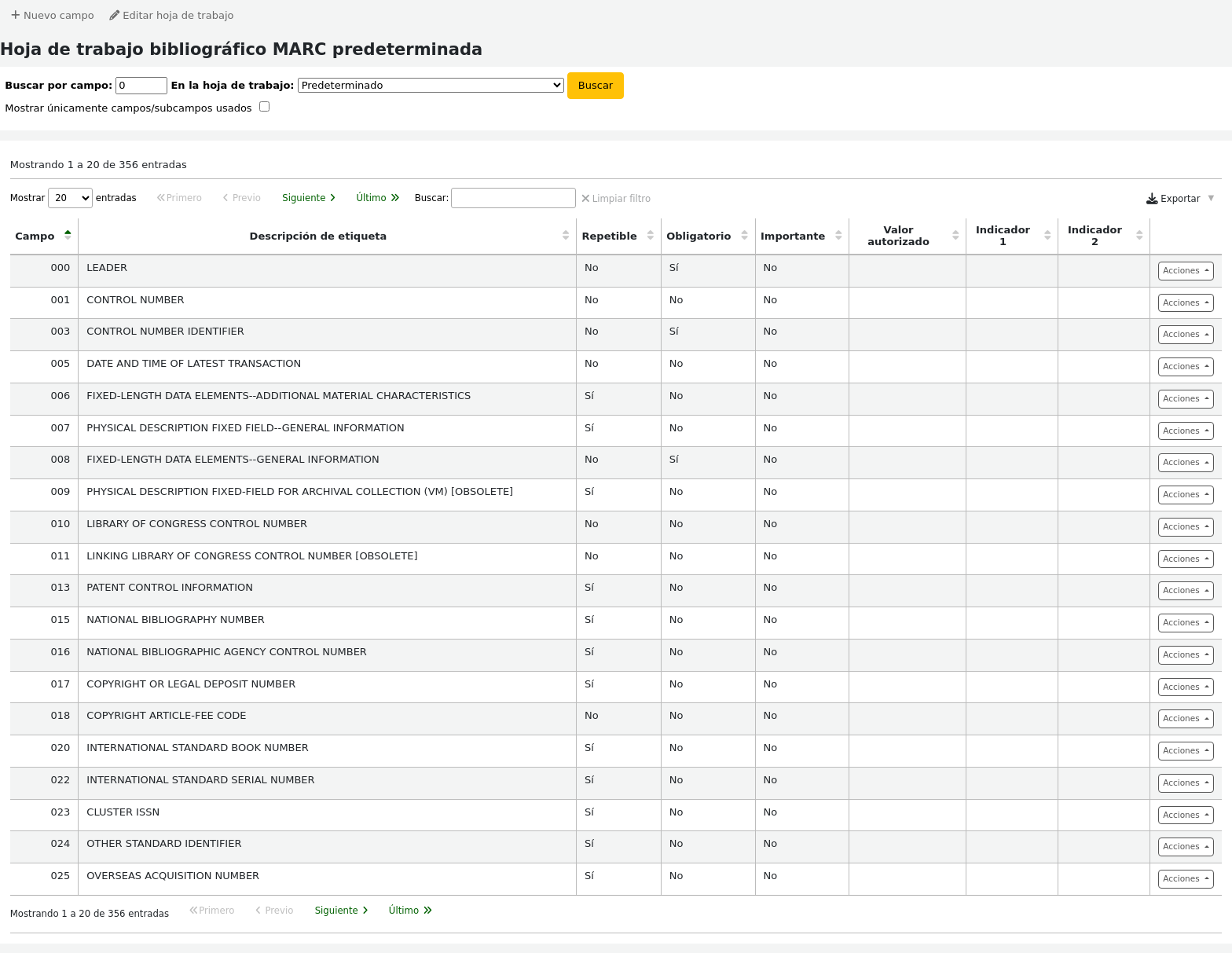 List of fields in the default MARC framework