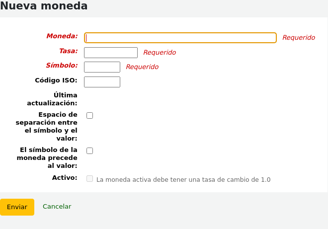 Form to add a new currency