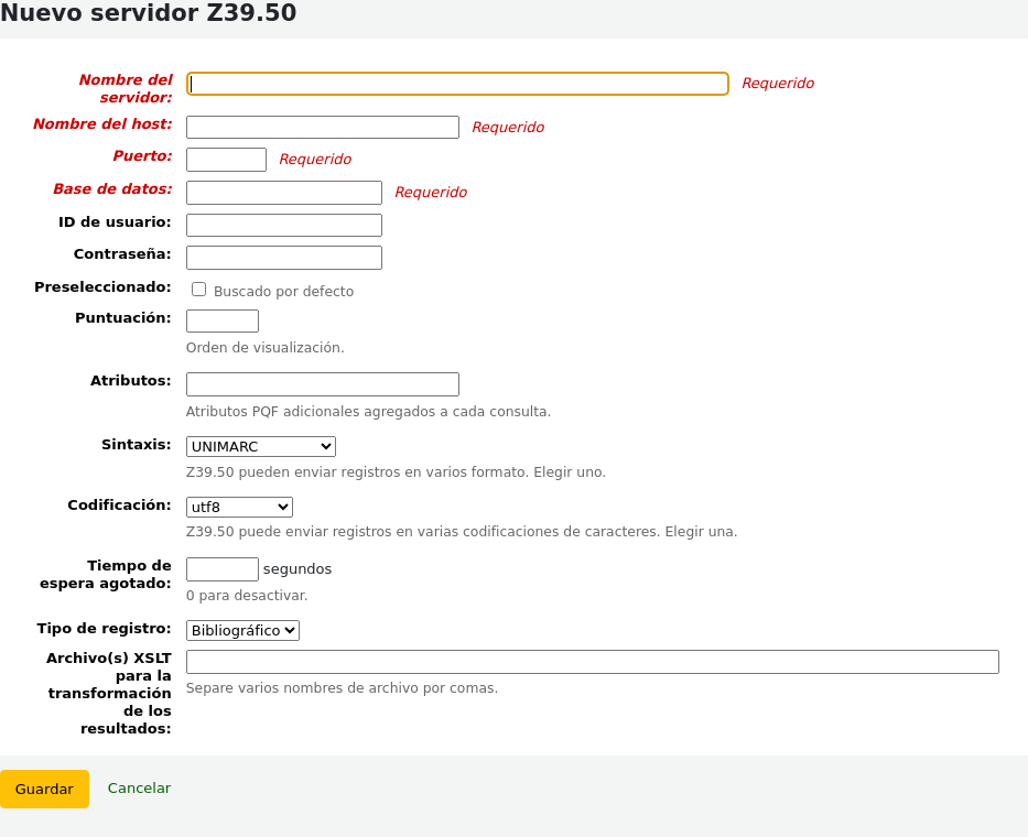 New Z39.50 server form