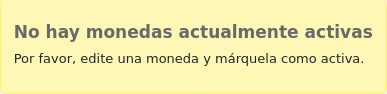Warning message reading "No active currency is defined. Please edit one currency and mark it as active."