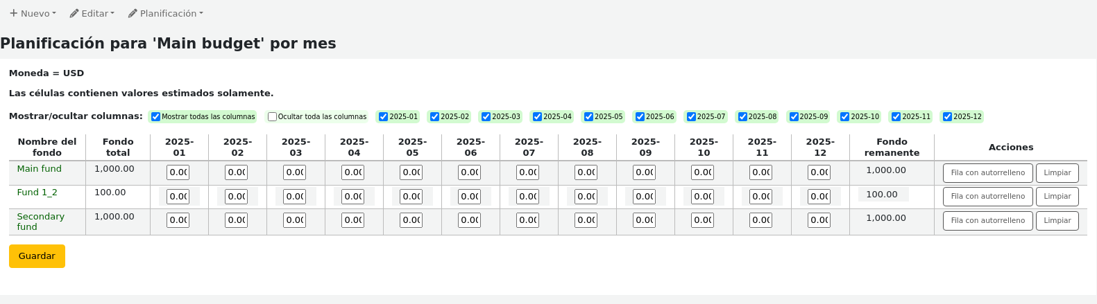Table for planning fund spending by months, rows are funds, columns are the total amount for the fund, followed by a column for each month, and a column with the remaining amount in the fund. Each row has two action buttons: Auto-fill row, and Clear.