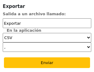The Export options for the budget planning, the fields are Output to a file named (set to Export by default), Into an application (set to CSV by default) and an unnamed field for the CSV separator (set to a comma by default).
