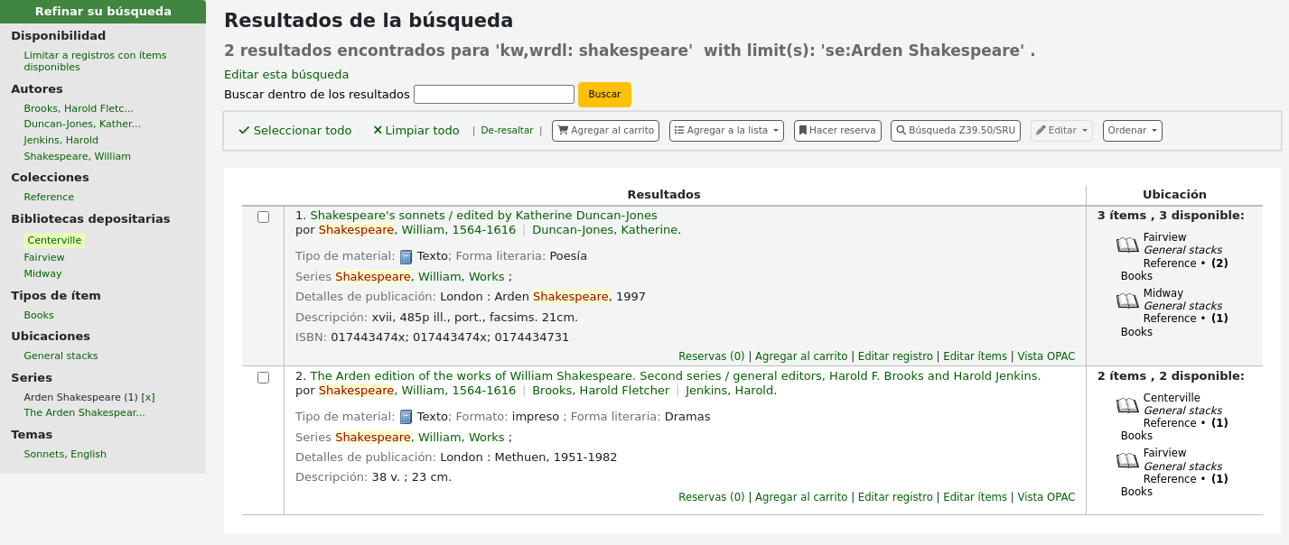 Search results screen, 6 results found for 'shakespeare'