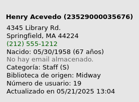 The brief display of patron information on the left of the patron file, it has an extra line with Employee #