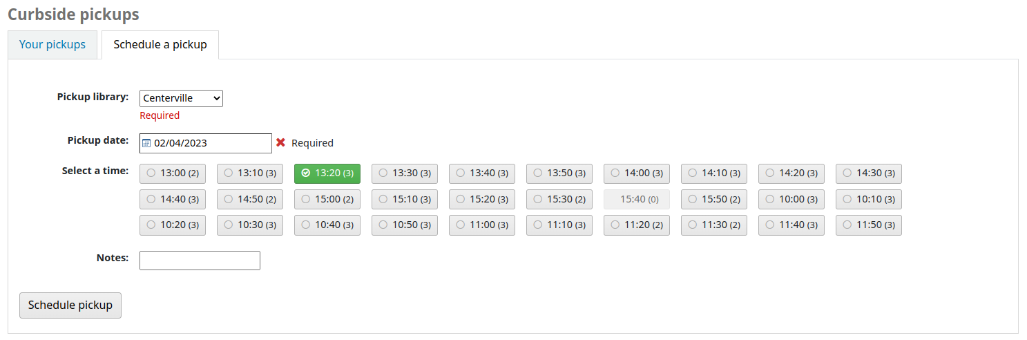 The 'Curbside pickups' tab in the patron's account in the OPAC, shows a 'Schedule a pickup' tab, a library is chosen in the library drop-down, a date is selected in the date field, all the time slots for that day are displayed and one is chosen in green, one is greyed out