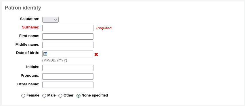 'Patron identity' section of the patron form