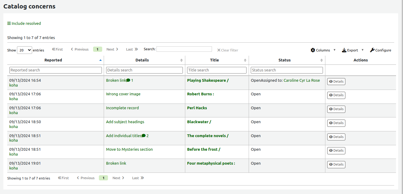 Catalog concerns report, showing the date, reporter's name, details, title of the concerned bibliographic record, and status, with a 'Details' button