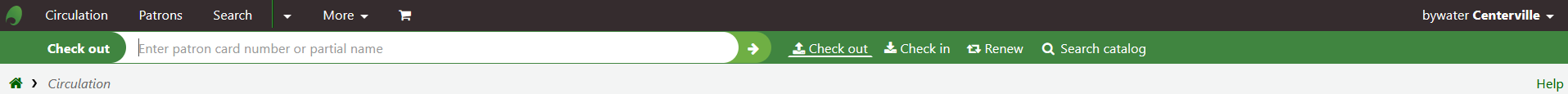 The search bar at the top of the circulation module main page; the selected tab is Check out