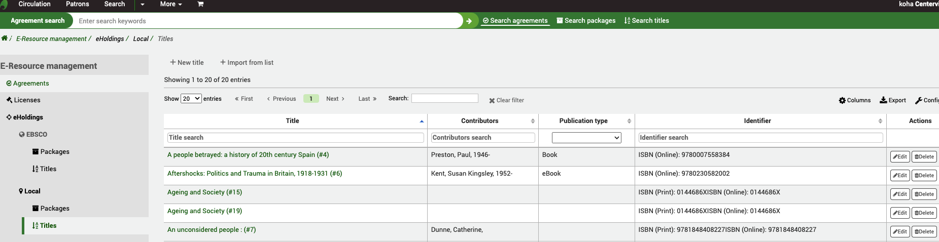 Page d'accueil des Ressources numériques locales, affichant une liste des titres