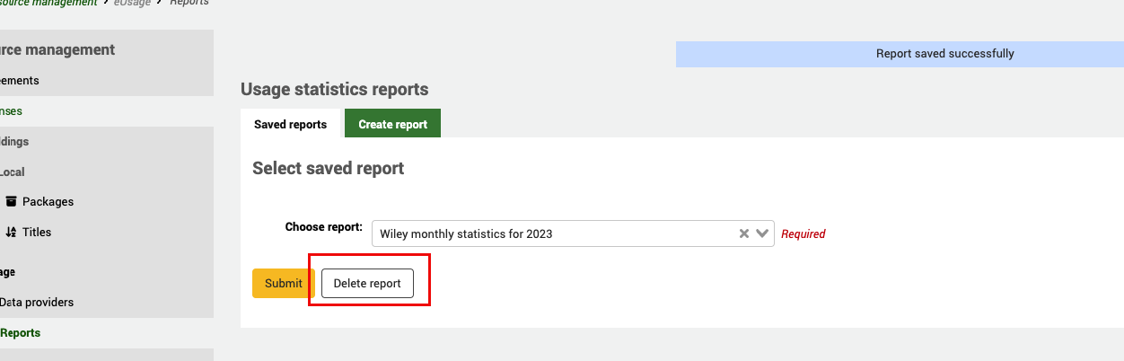 Dans l'onglet Rapports enregistrés des Statistiques d'utilisation, le rapport 'Statistiques mensuelles Wiley pour 2023' est sélectionné. L'accent est mis sur le bouton Supprimer le rapport situé en dessous.