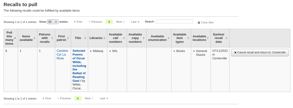 Recalls to pull table, the Cancel button is replaced by Cancel and return to if the item is in transit