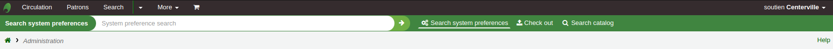 Menu et barre de recherche en haut de la page du module Administration, l'option de recherche des préférences sytème est sélectionnée par défaut, les autres options sont le prêt et la recherche dans le catalogue