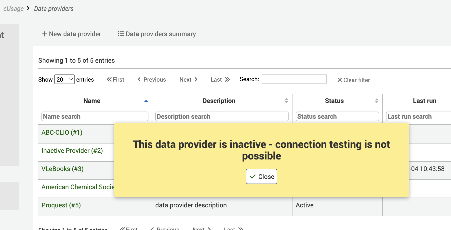 Ecran des Fournisseurs de données avec le message d'alerte en jaune : 'Ce fournisseur de données est inactif - impossible de tester la connexion'.