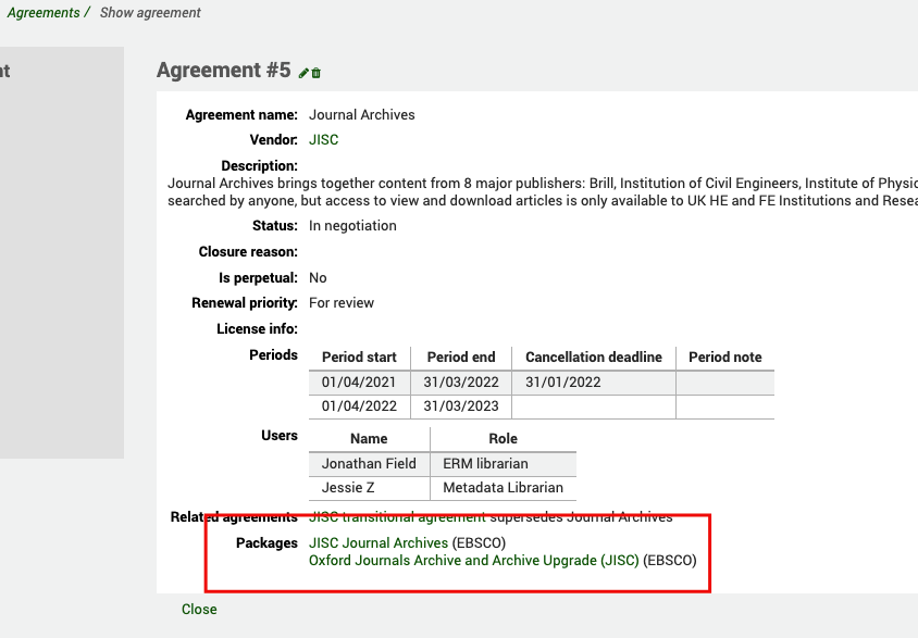 Vue complète d'un contrat. La section avec les liens vers deux bouquets est en surbrillance.