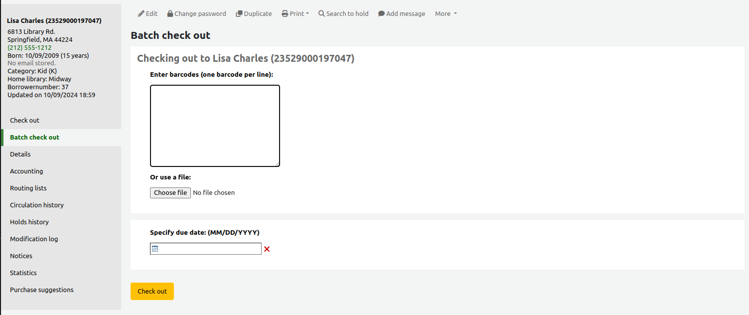 Batch checkout page in a patron file, there is an option to import a file, manually enter barcodes, and add a hard due date