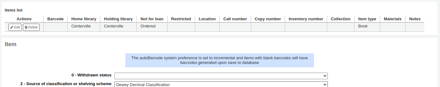 Table with added item information above an empty new item form