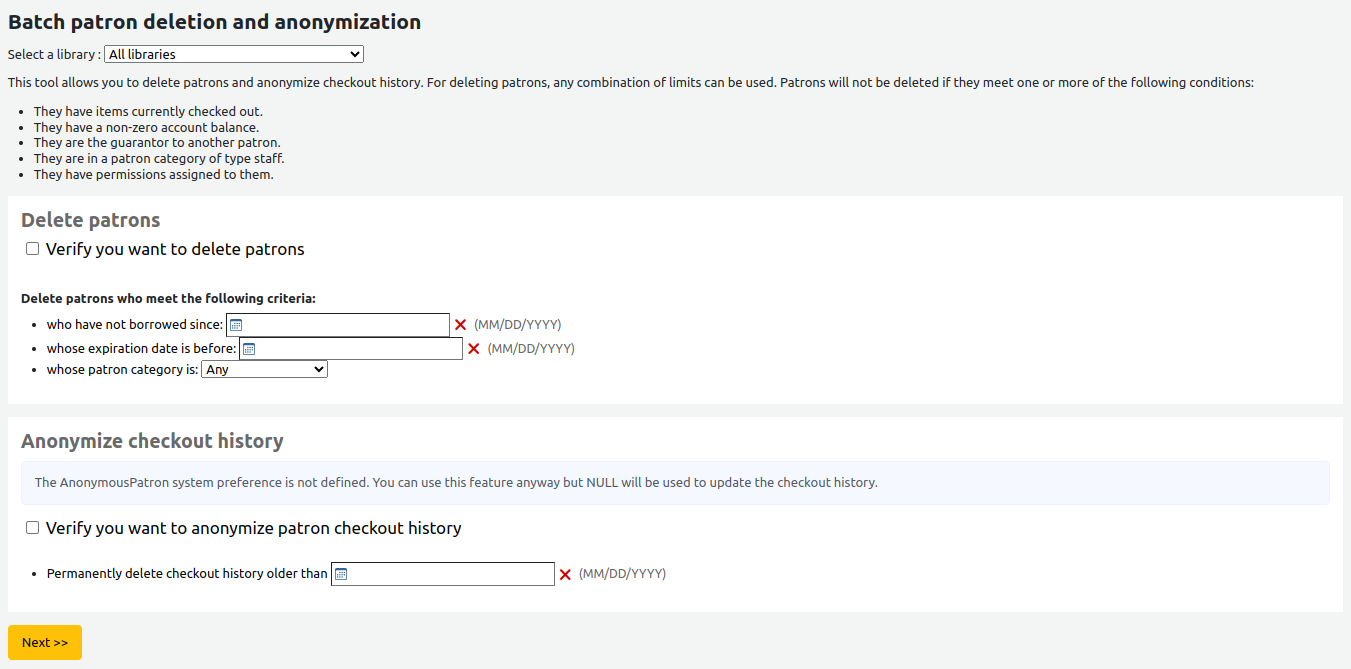 Batch patron deletion and anonymization tool main screen