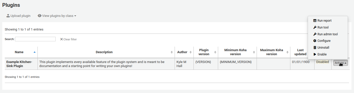 Plugins administration page, the Actions button is pressed, the options are: run report, run tool, run admin tool, configure, uninstall, enable