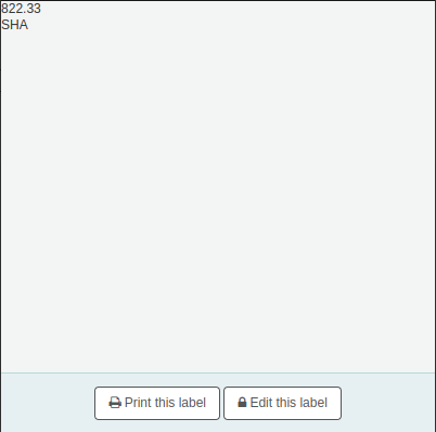 Quick spine label printing page, the callnumber is displayed in the page, and at the bottom, there are two buttons 'Print this label', and 'Edit this label'