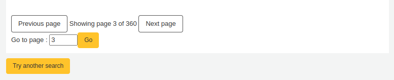 At the bottom of the search results, buttons to access the previous or next page of results, a field to access a specific page, and a button to 'Try another search'