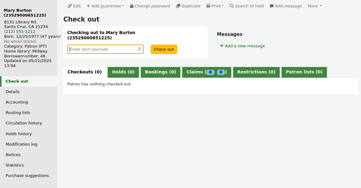 Check out tab of a patron file, current checkouts are hidden
