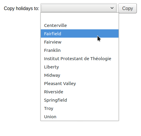 Drop down menu of all libraries from which to choose to which library to copy the holidays
