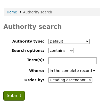 Authority search form in the OPAC; options are authority type (set to default by default), search options (set to contains by default), terms, where (set to in the complete record by default), and order by (set to heading ascendant by default)