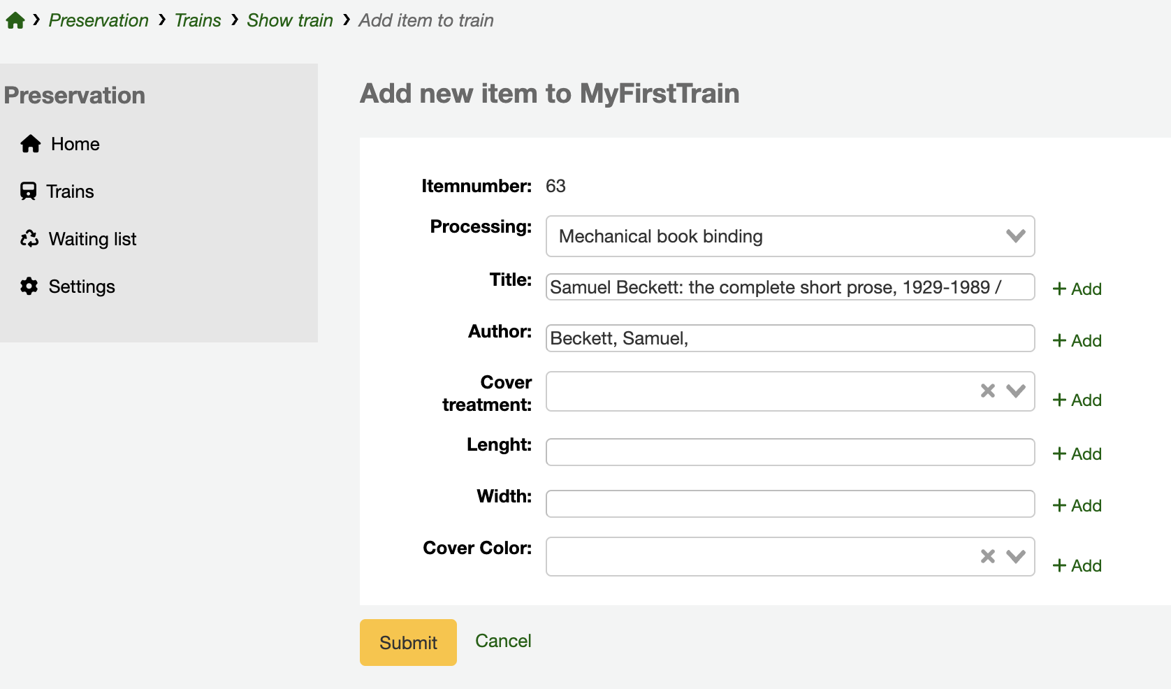 preservation item form where attributes can be attached