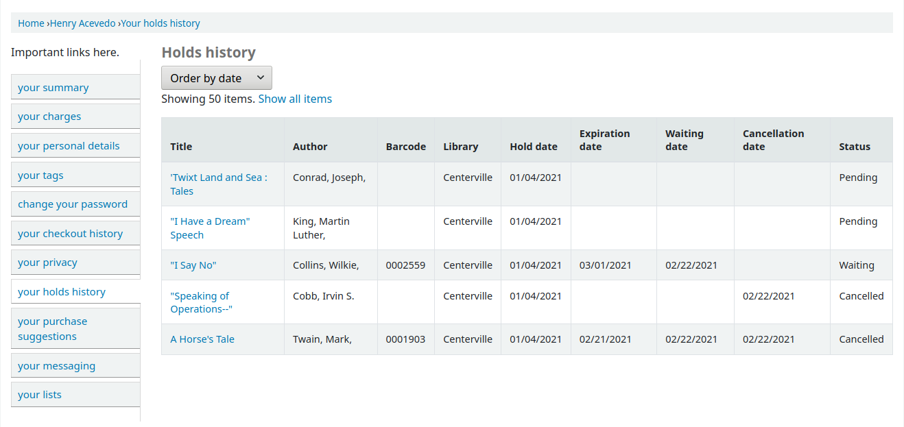 Screenshot of the holds history table in the patron's account on the OPAC.