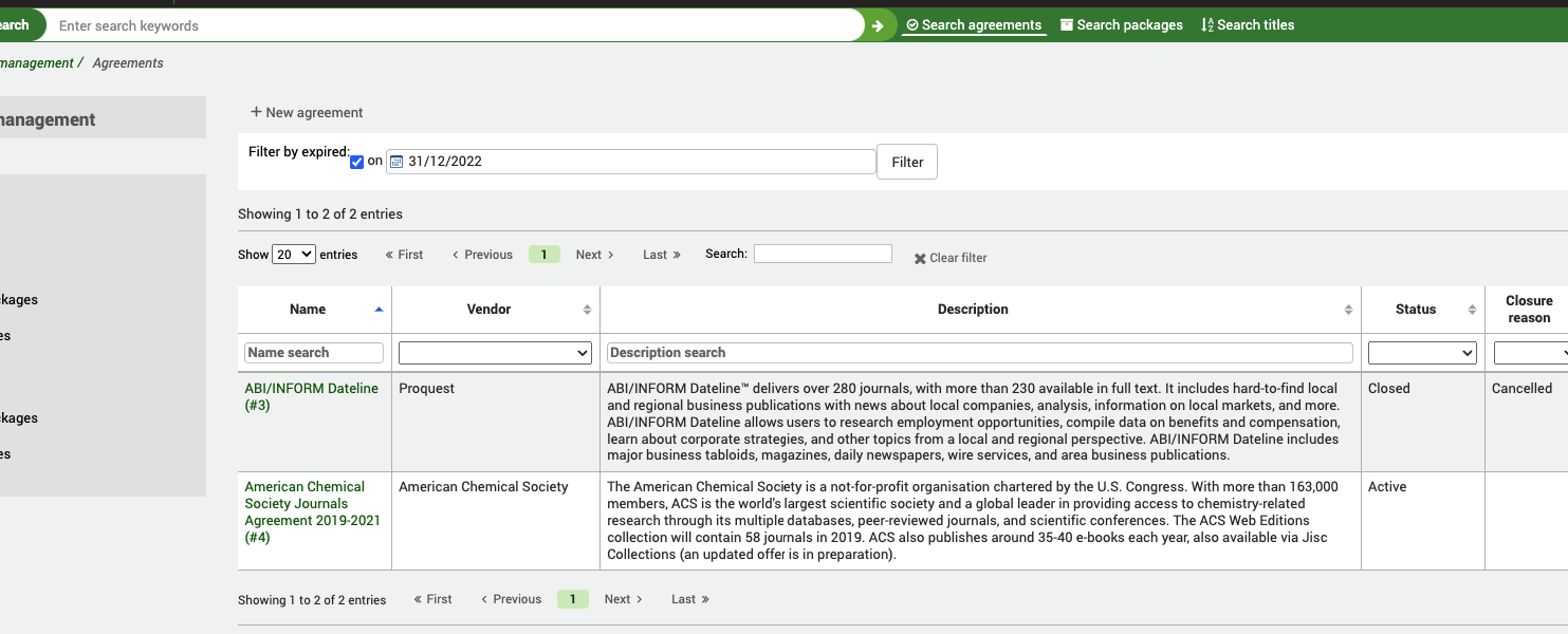 Agreements page. At the top, 'Filter by expired on' is ticked and a date has been entered.