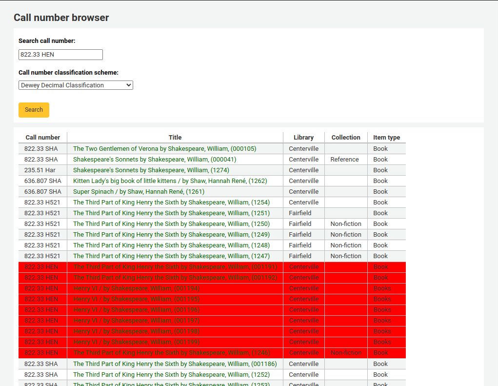 Call number browser pop-up window, the search was for 822.33 HEN in the Dewey Decimal Classification scheme. The results show some titles callnumbers that come before 822.33 HEN, and all the results with the callnumber 822.33 HEN are in red.