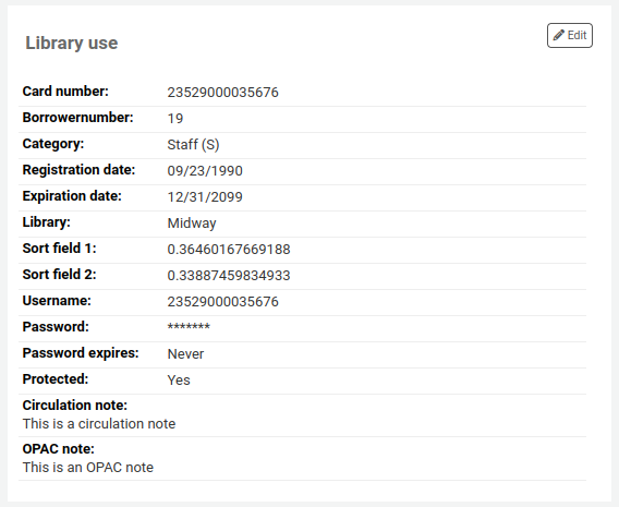 Library use section of the patron's detail page
