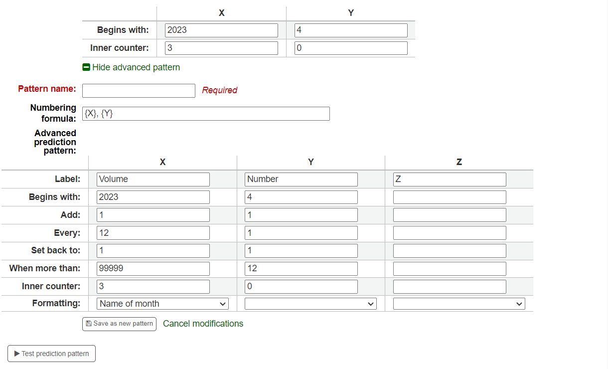 Form to create a new numbering pattern from the subscription form