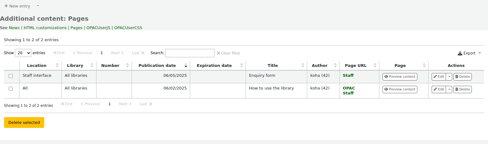 Pages tool main page, with table of current pages