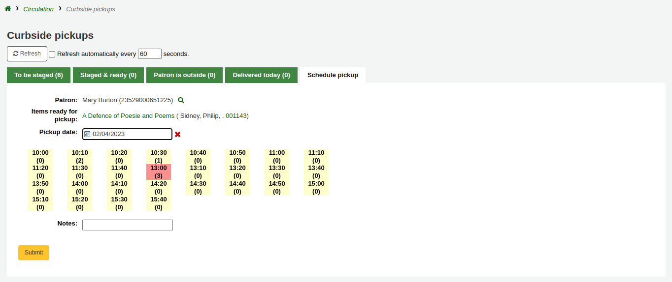 Curbside pickup management page, the Schedule pickup tab is selected, a patron and a date have been entered, all the possible time slots are displayed, in 10-minute intervals, most have (0) underneath the time, some have (1) or (2), one has (3) and is displayed in red