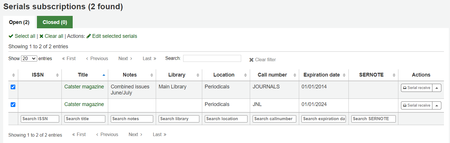 Subscription search results, two subscriptions are selected and the option Edit selected serials is available