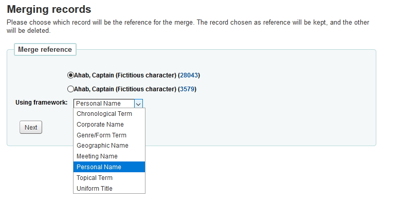 Screenshot showing the top record selected as Primary with the Using Framework menu opened and Personal Name selected