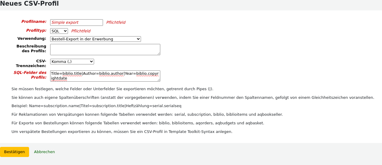 Neues CSV-Profilformular mit SQL-Informationen hinzufügen